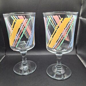 Vintage Hand-Painted Fiesta Pastel Striped Stemmed Footed Wine Glasses Set of 2